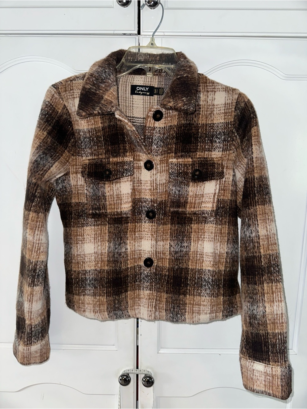 ONLY Plaid Cropped Jacket Small Brown Wool Blend